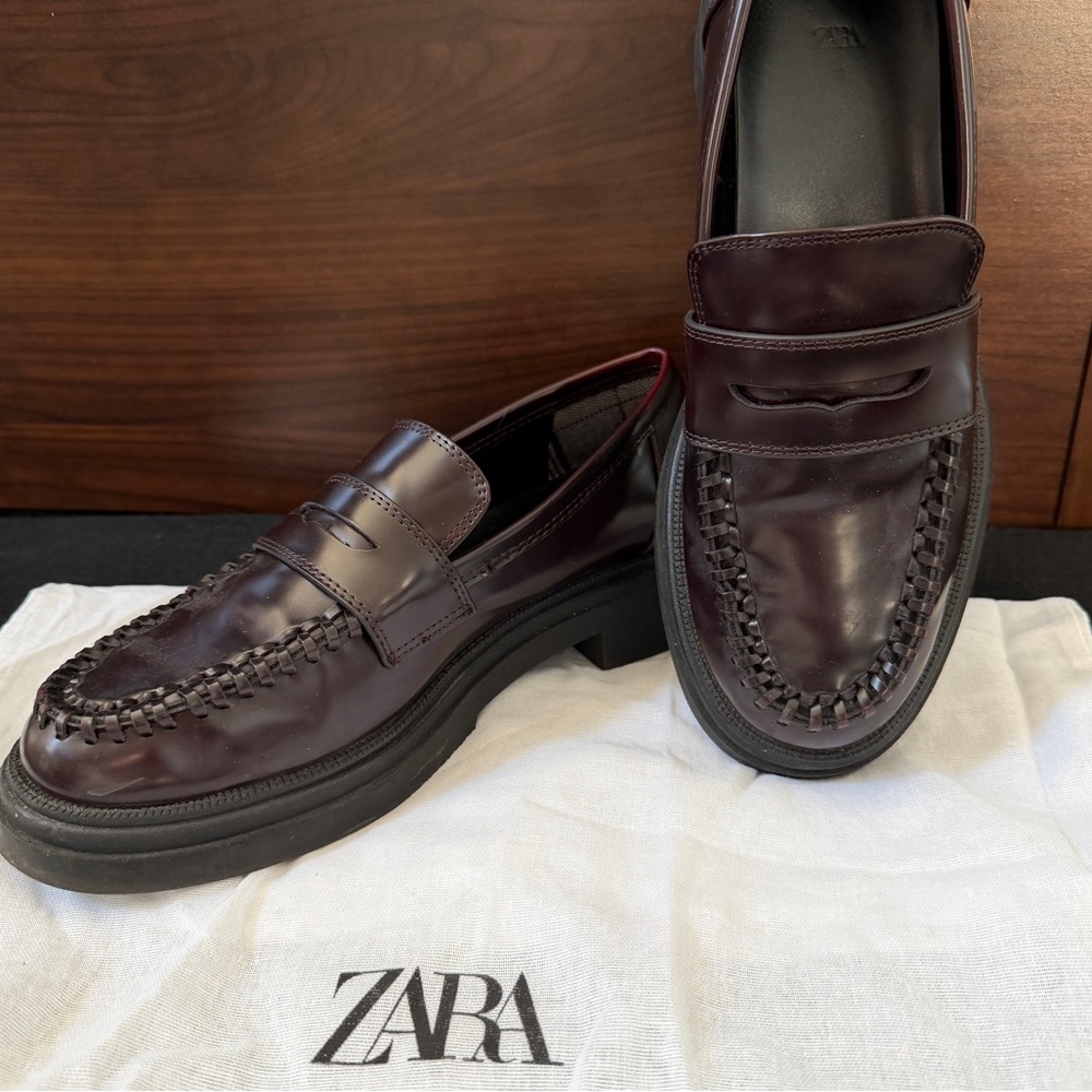 Zara Chunky Penny Loafers Wine Deep Burgundy Women’s Size 7.5 Or 38